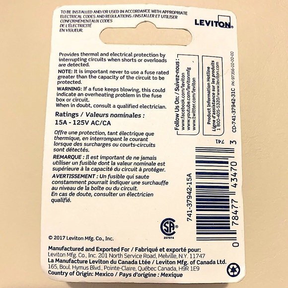 Leviton 37942 Electric Fuse 15A - 125 V AC, set of 2 - Picture 2 of 3
